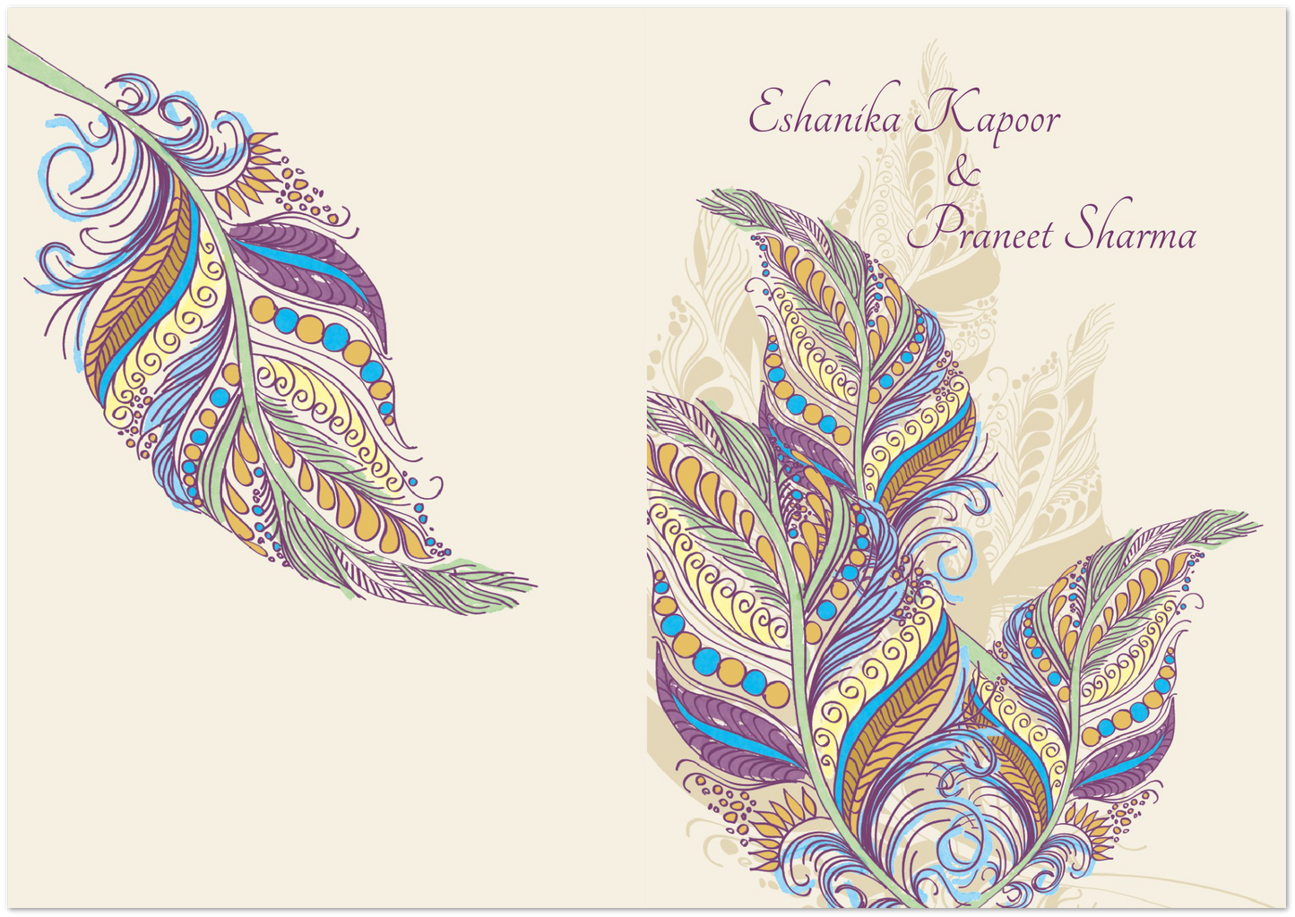 Colourful Feather Wedding invitations (sold as packs of 10 folded cards with white envelopes)