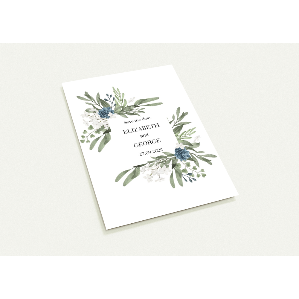 Green Leaves and Blue Flowers Save the Date (sold as packs of 10 cards, flat, with white envelopes)