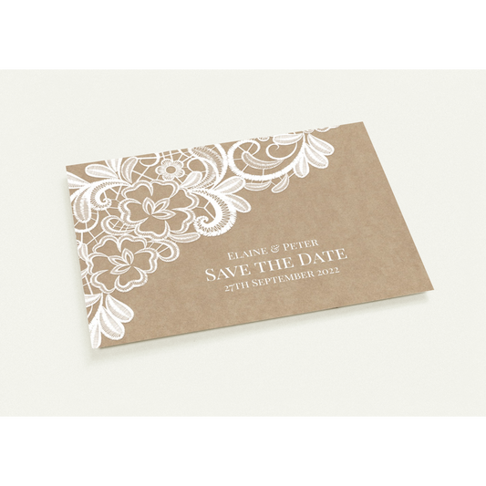 Rustic Lace Save the Date (sold as packs of 10 cards, flat, with white envelopes)