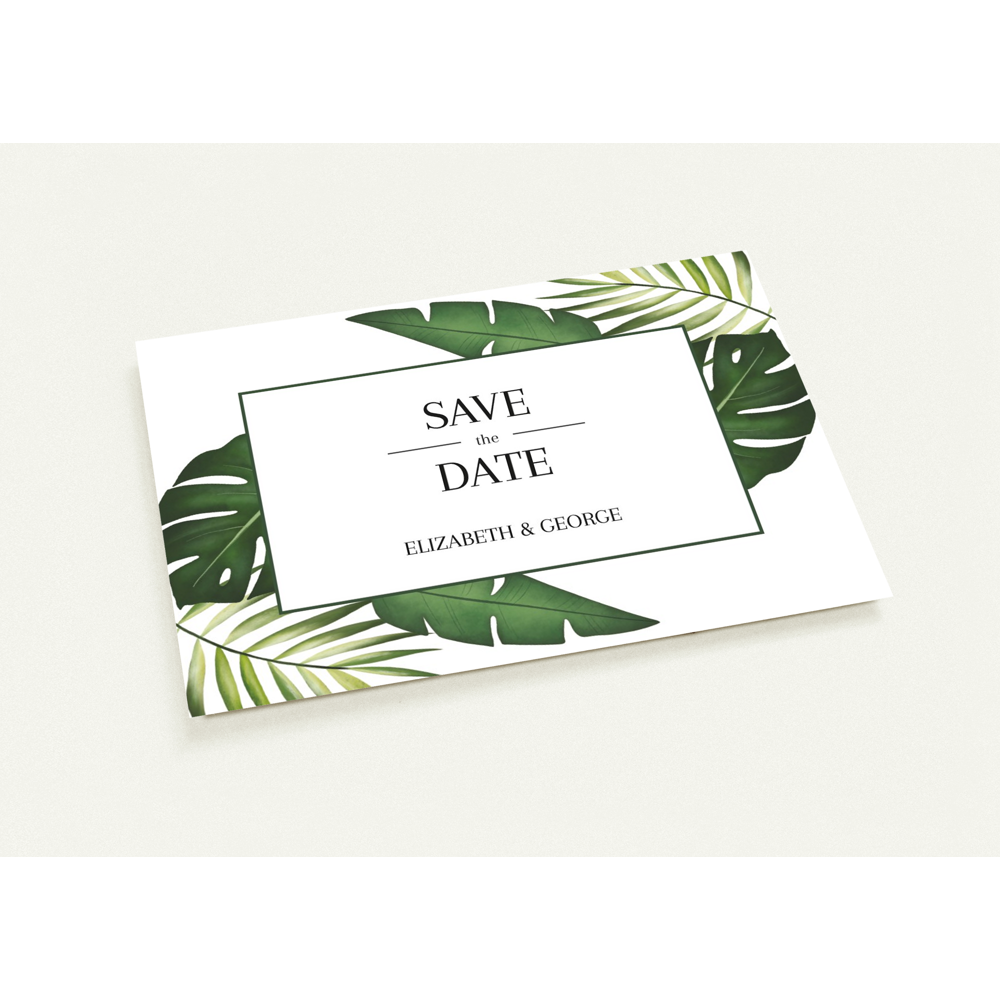 Tropical Leaves Save the Date (sold as packs of 10 cards, flat, with white envelopes)