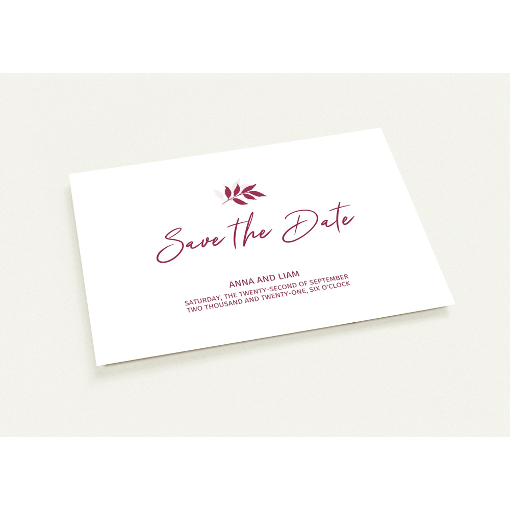 Tiny Burgundy Branch Save the Date (sold as packs of 10 cards, flat, with white envelopes)