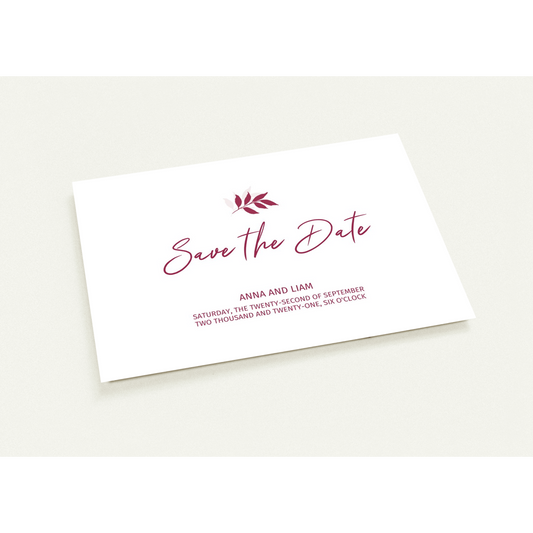 Tiny Burgundy Branch Save the Date (sold as packs of 10 cards, flat, with white envelopes)