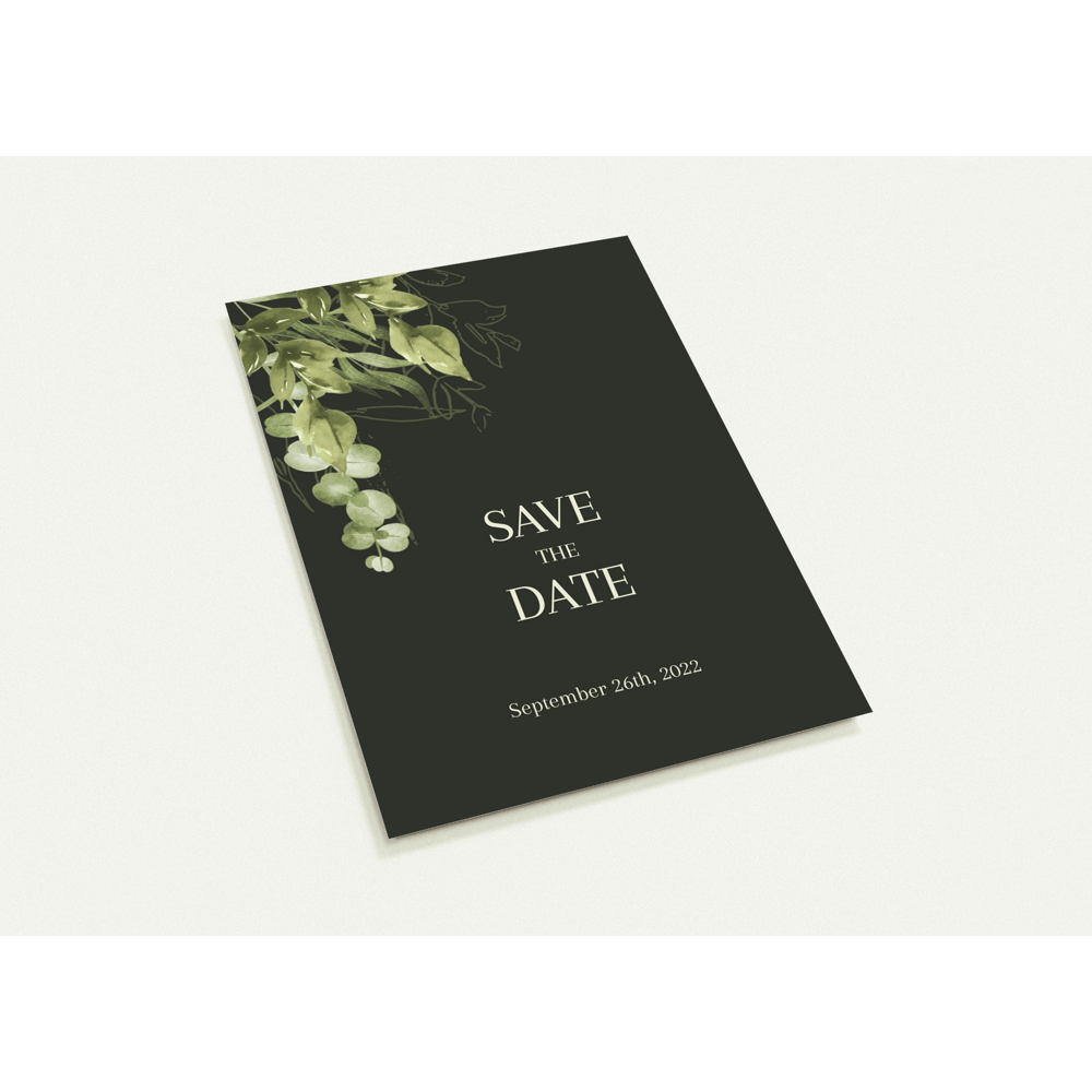 Dark Green Save the Date (sold as packs of 10 cards, flat, with white envelopes)