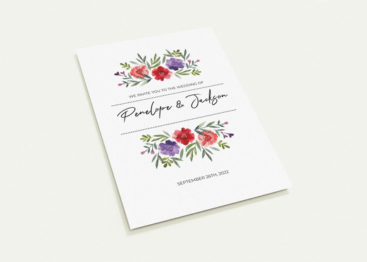 Energetic Watercolour Wedding invitations (sold as packs of 10 cards, flat, with white envelopes)