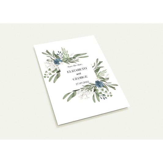 Green Leaves and Blue Flowers Save the Date (sold as packs of 10 cards, flat, with white envelopes)