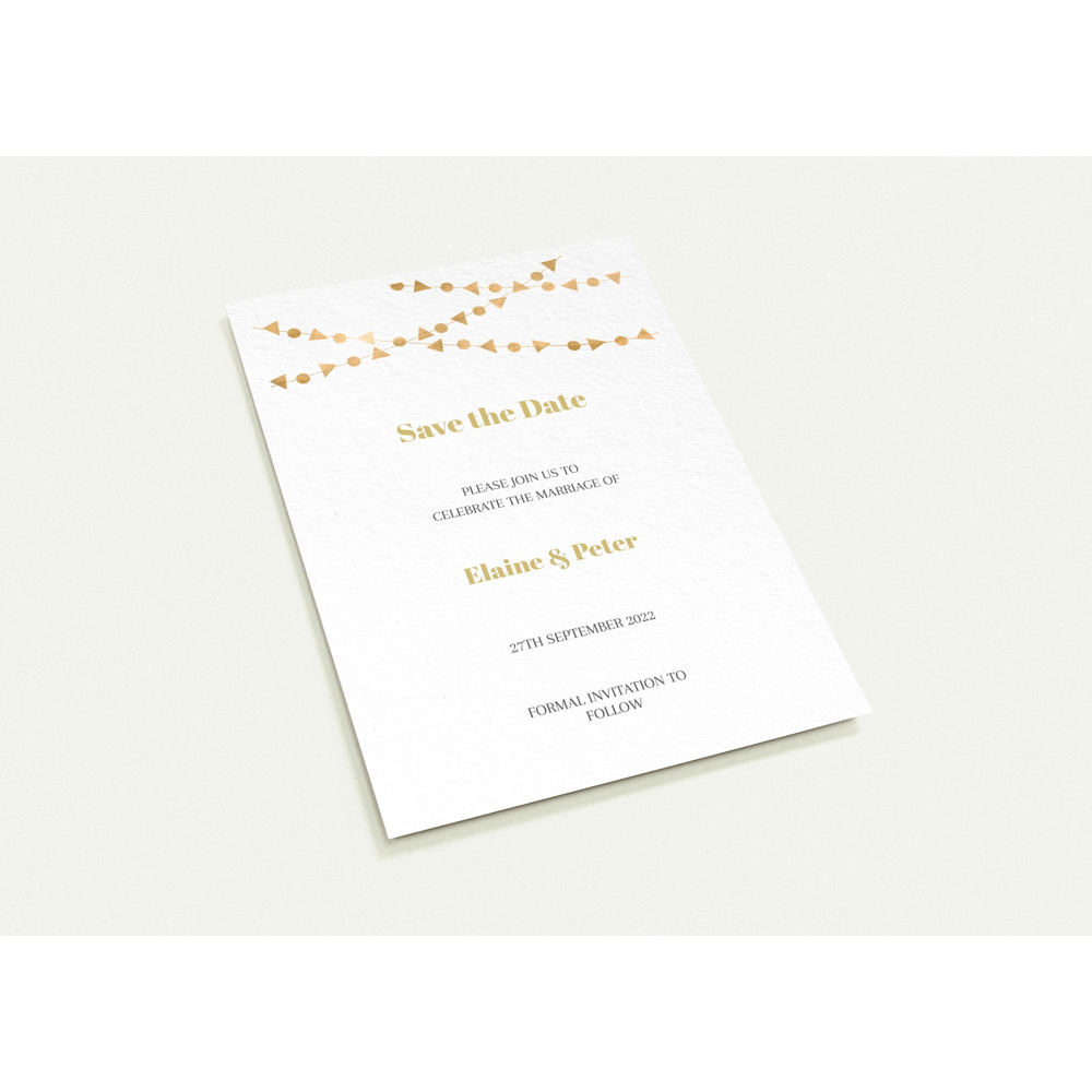 Golden Flag Chain Save the Date (sold as packs of 10 cards, flat, with white envelopes)