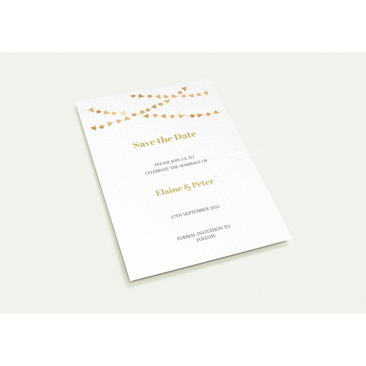 Golden Flag Chain Save the Date (sold as packs of 10 cards, flat, with white envelopes)