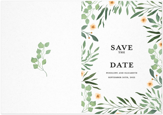 Slender Leaves Save the Date (sold as packs of 10 folded cards with white envelopes)