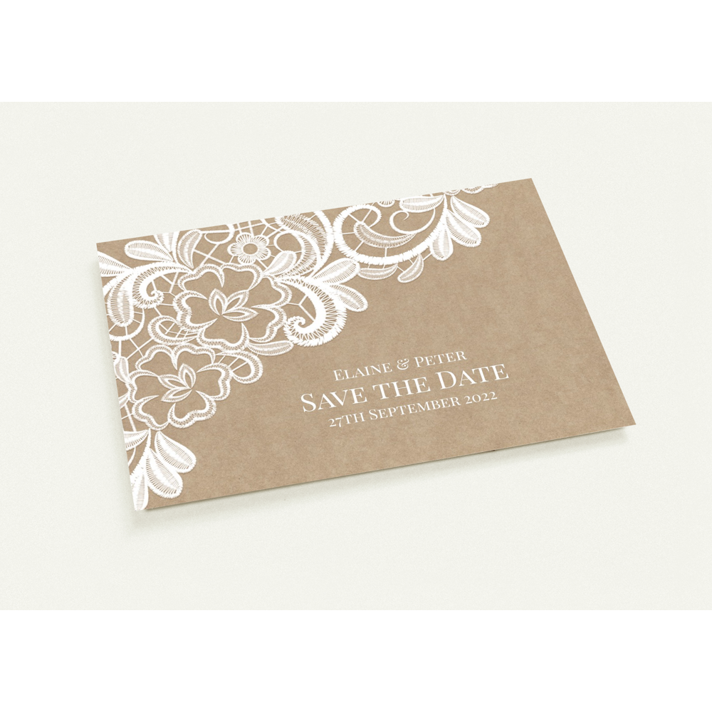 Rustic Lace Save the Date (sold as packs of 10 cards, flat, with white envelopes)