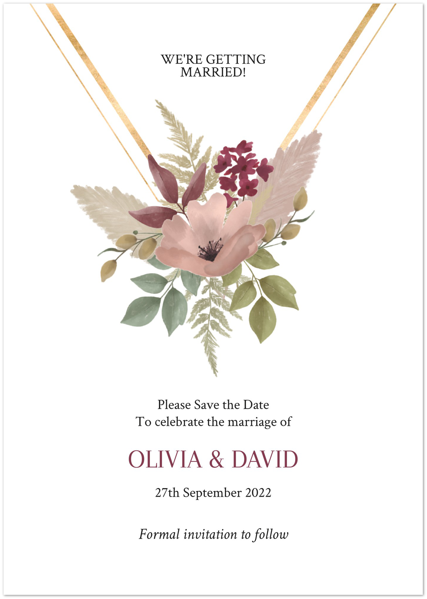 Floral Arrangement Save the Date (sold as packs of 10 cards, flat, with white envelopes)