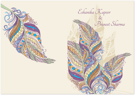Colourful Feather Wedding invitations (sold as packs of 10 folded cards with white envelopes)