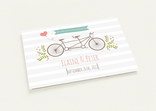 Tandem Bike Wedding invitations (sold as packs of 10 cards, flat, with white envelopes)