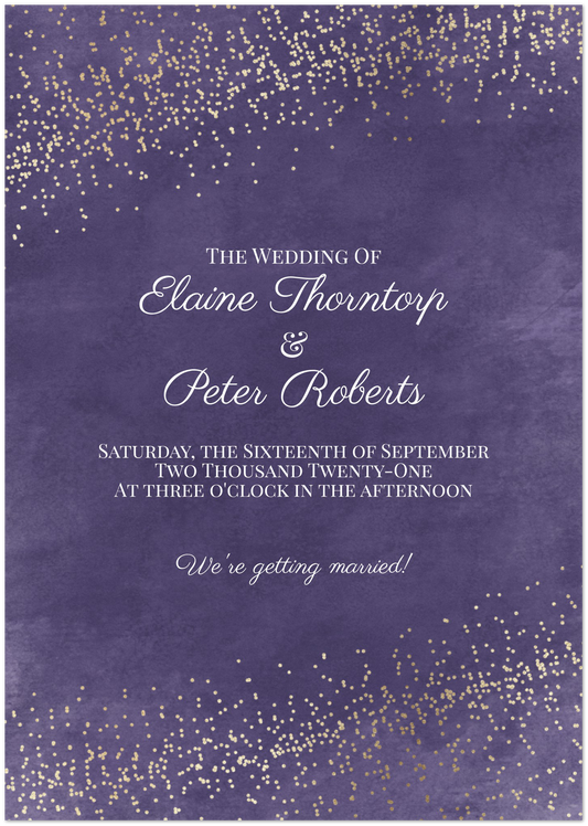 Glitter on Purple Wedding invitations (sold as packs of 10 cards, flat, with white envelopes)