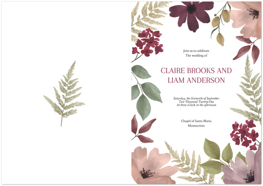 Leaves and Blooms Wedding invitations (sold as packs of 10 folded cards with white envelopes)