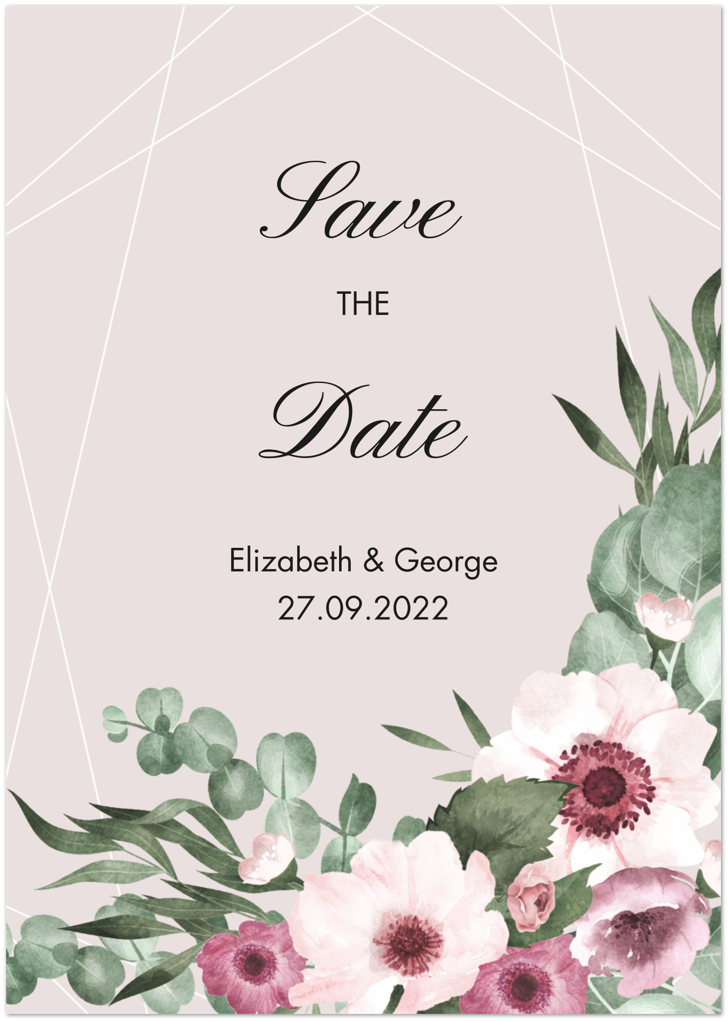 Watercolour Flowers Save the Date (sold as packs of 10 cards, flat, with white envelopes)