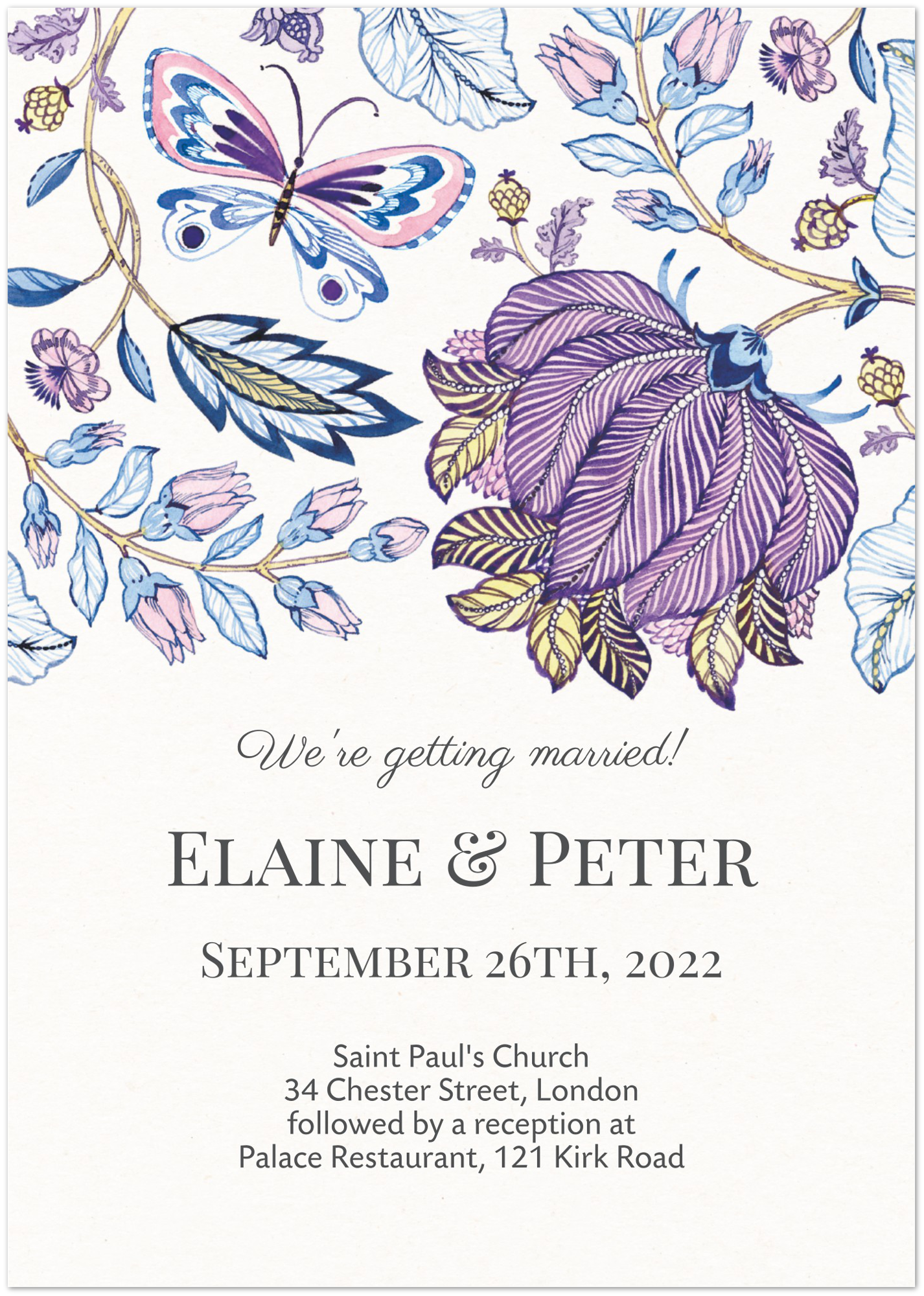 Colourful Flower Patterns Wedding invitations (sold as packs of 10 cards, flat, with white envelopes)