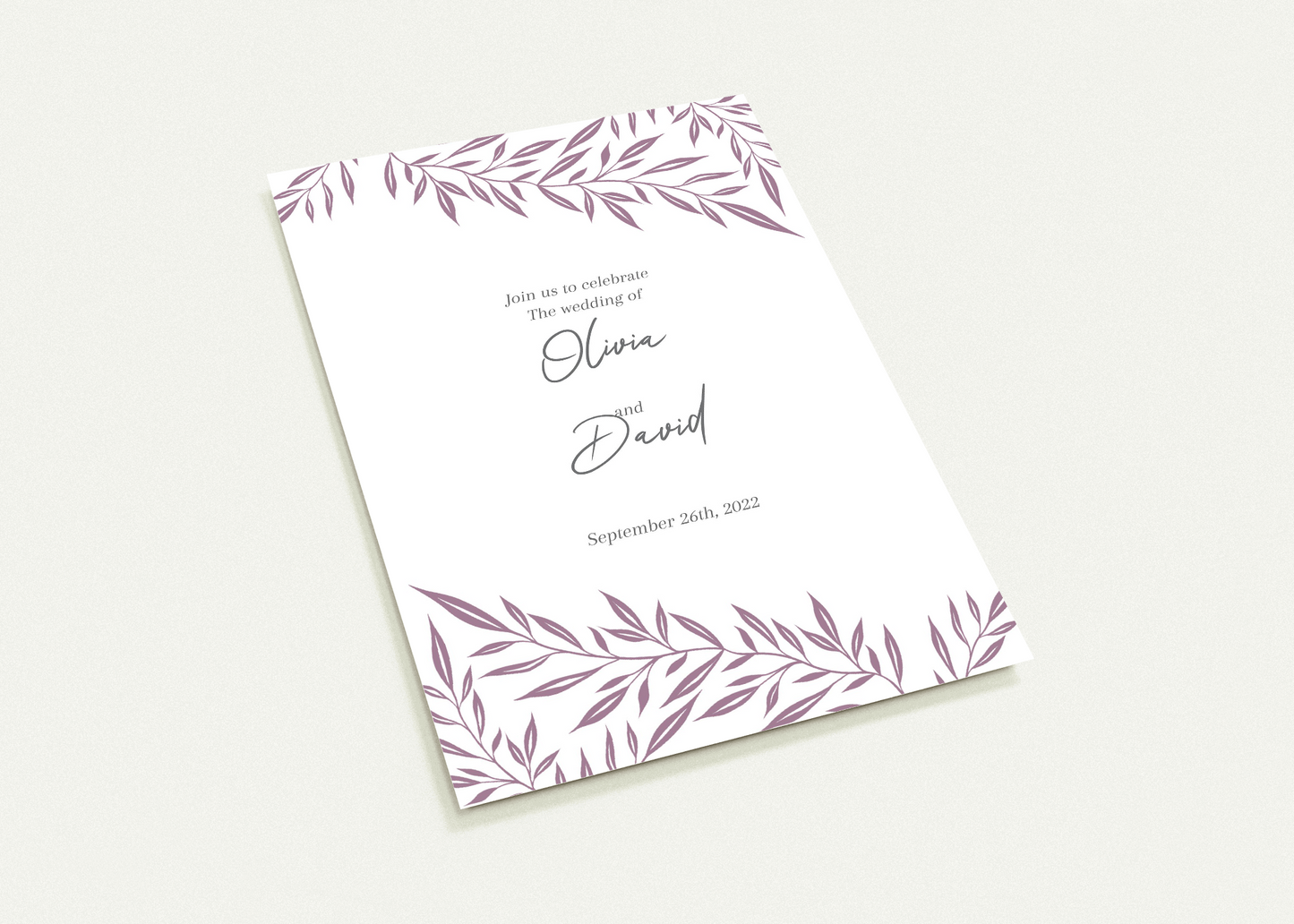 Purple Leaves Wedding invitations (sold as packs of 10 cards, flat, with white envelopes)