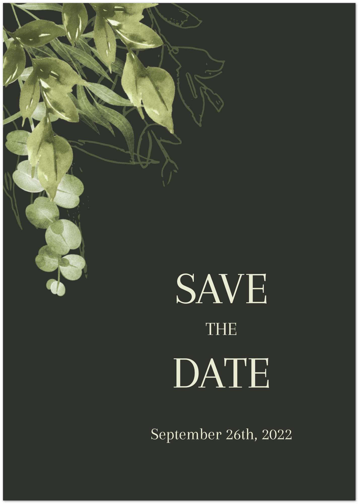 Dark Green Save the Date (sold as packs of 10 cards, flat, with white envelopes)