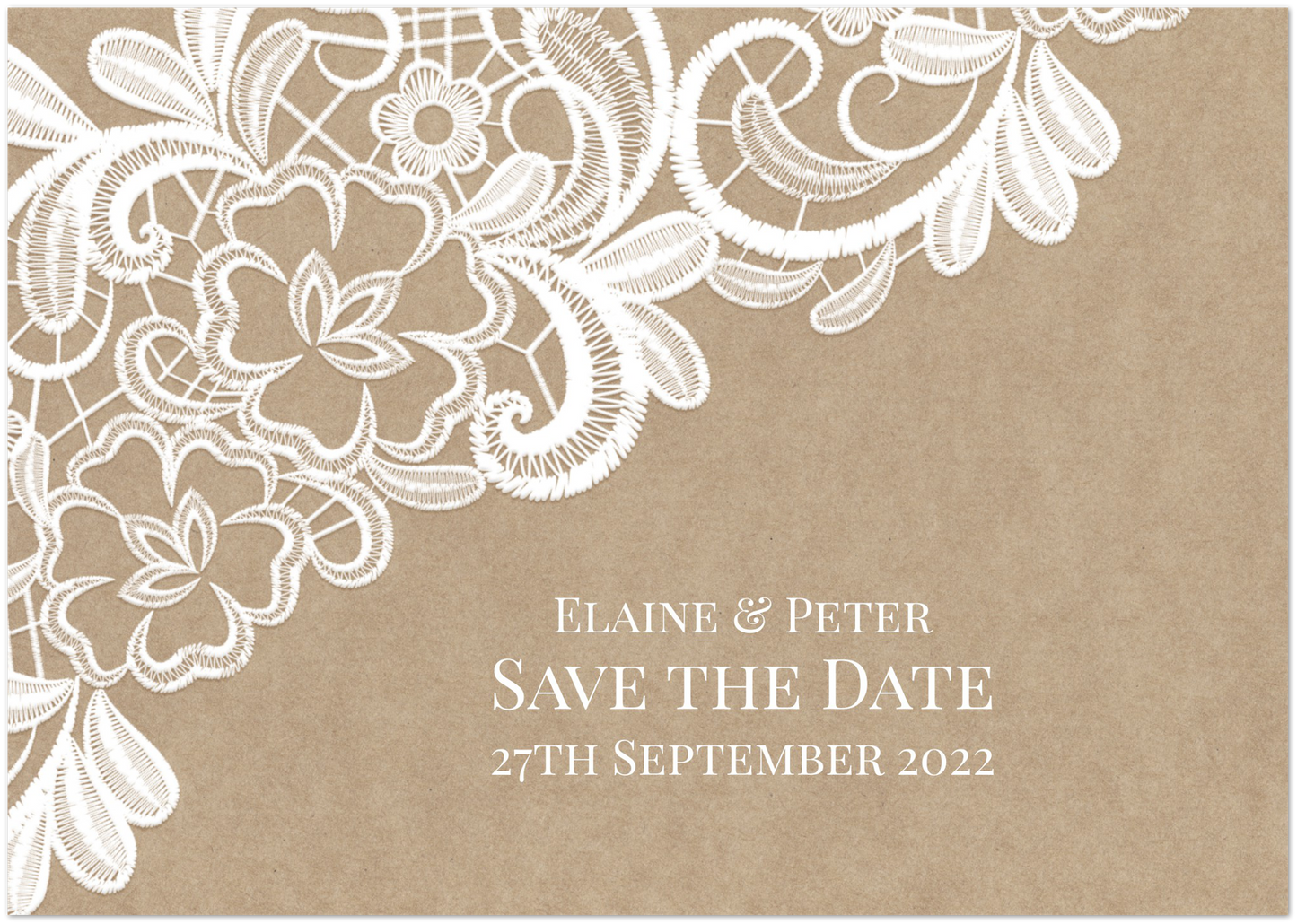 Rustic Lace Save the Date (sold as packs of 10 cards, flat, with white envelopes)