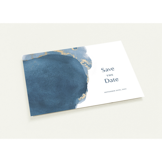 Navy And Gold Save the Date (sold as packs of 10 cards, flat, with white envelopes)