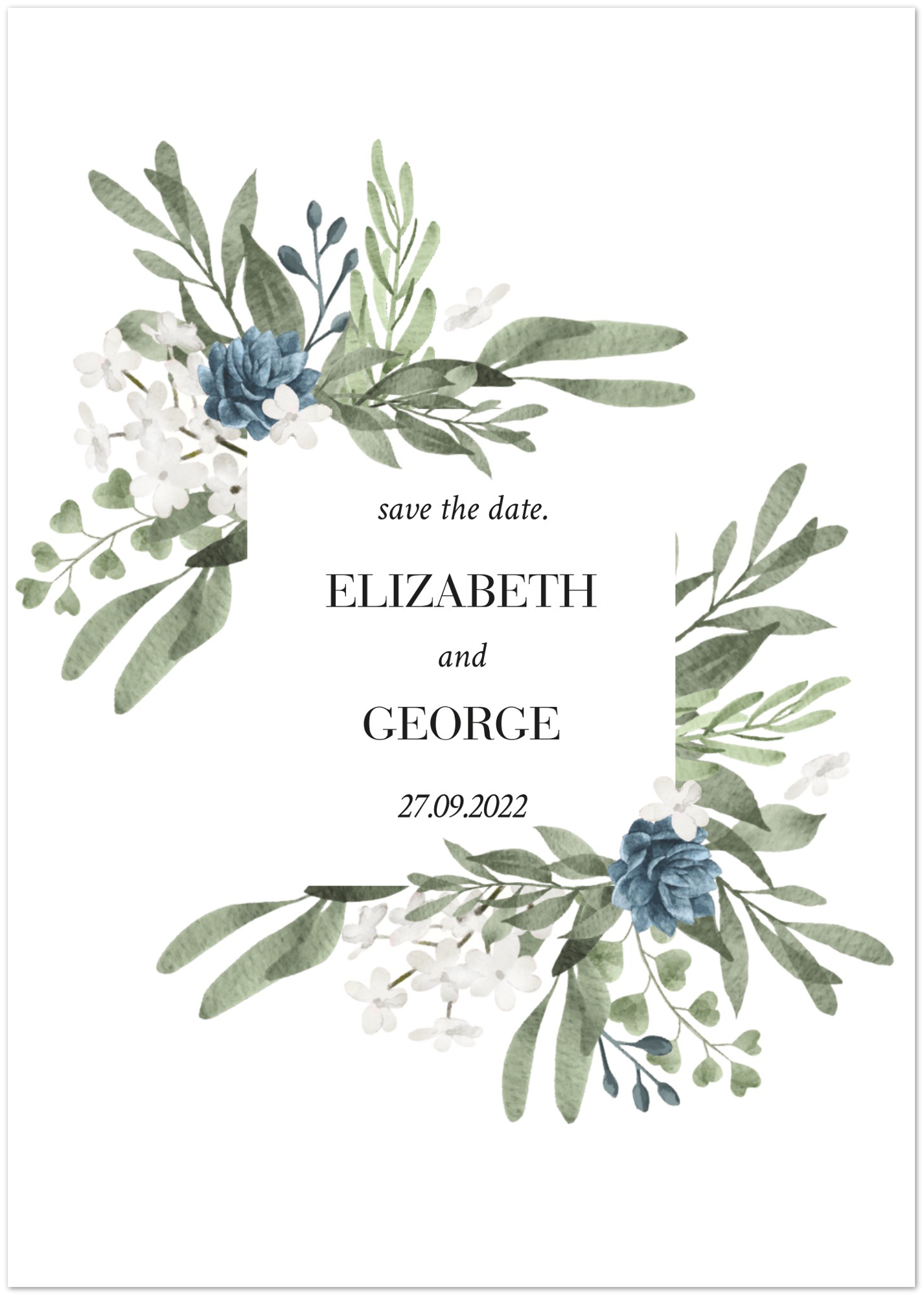 Green Leaves and Blue Flowers Save the Date (sold as packs of 10 cards, flat, with white envelopes)