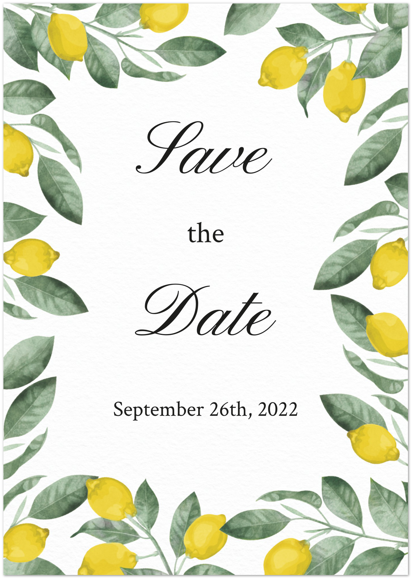 Lemon Branches Save the Date (sold as packs of 10 cards, flat, with white envelopes)