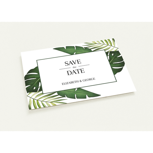 Tropical Leaves Save the Date (sold as packs of 10 cards, flat, with white envelopes)