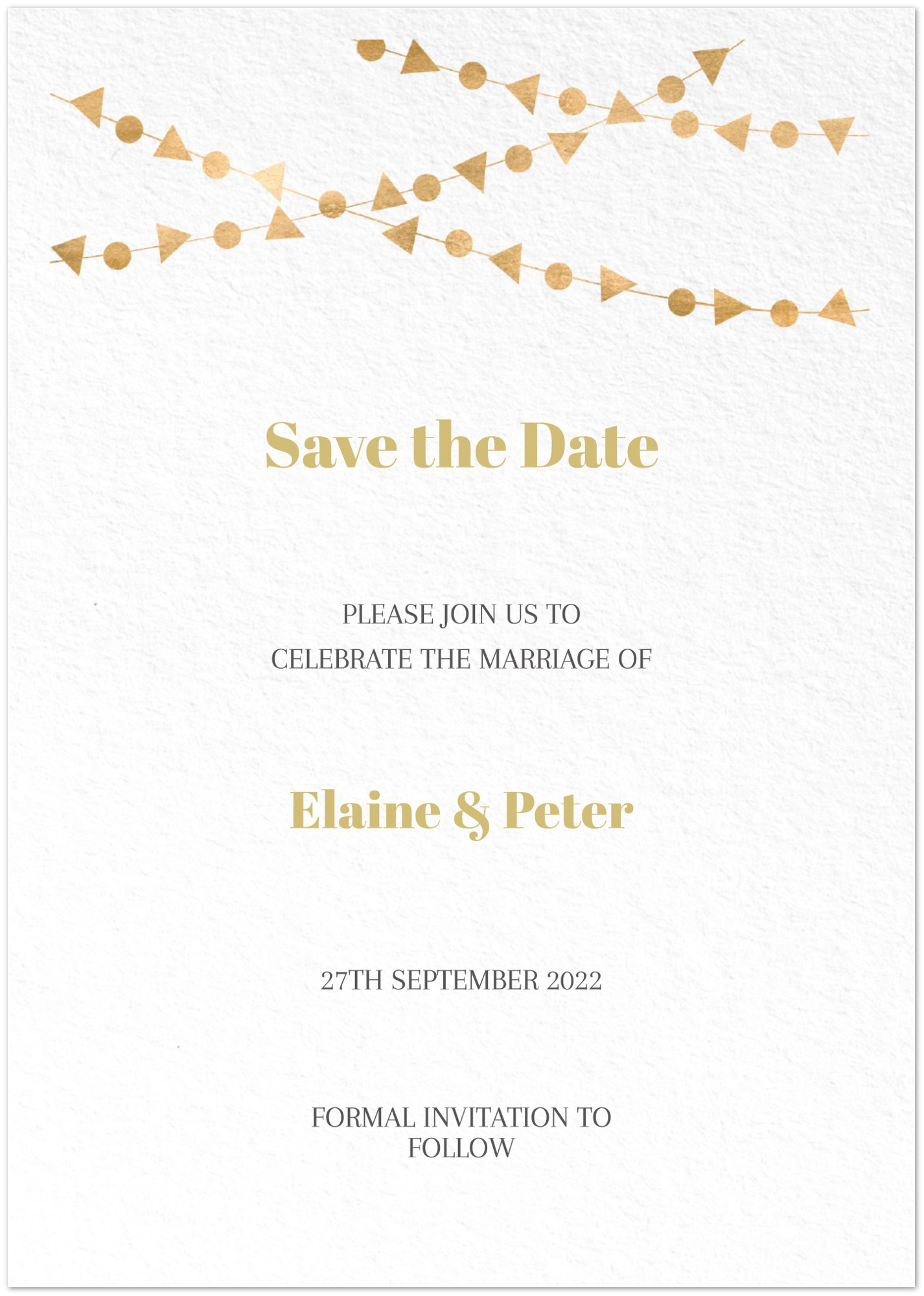 Golden Flag Chain Save the Date (sold as packs of 10 cards, flat, with white envelopes)